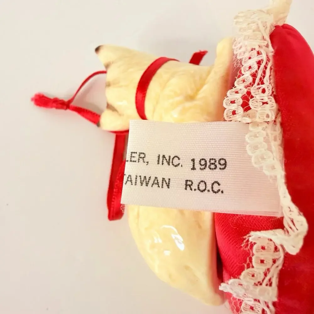 Vintage Kurt S. Adler Cat White Kitty on Red Pillow w Rose Ornament 1989